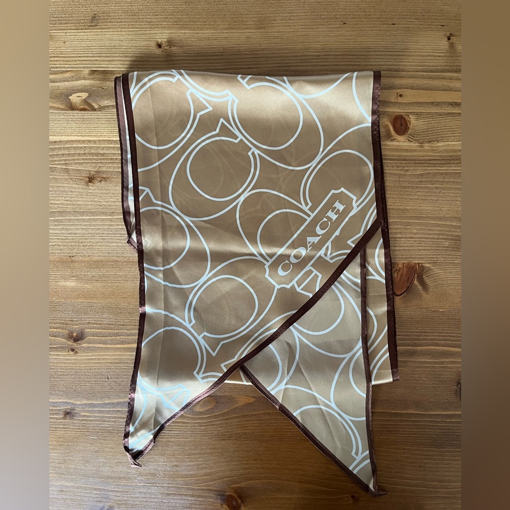 Coach Beige & Brown Logo Silk Scarf